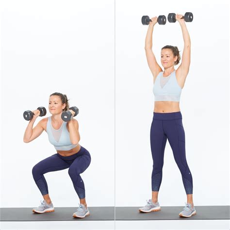 Dumbbell Squat to Overhead Press . Make this exercise more challenging by adding a squat to the overhead press. To do it, lower into a squat position every time you lower the dumbbells to your shoulders and return to a standing position when lifting the dumbbells back up. The dumbbell shoulder squat works the upper and lower body …